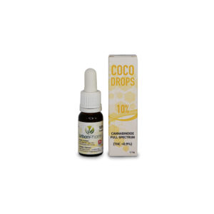 Abbildung einer gelb-weißen Verpackung von UrbanPharm CBD Cocodrops 10%, neben einem braunen Fläschchen mit enthaltenem CBD-Öl.