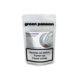 Weiß verpackte CBD Moonrocks von Green Passion mit sichtbarem Produkt durch transparentes Fenster auf der Vorderseite.