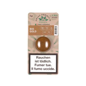 Verpackung von Swiss Premium Pollen 5g Bio Gold CBD Hasch mit einer Konzentration von 20% CBD und weniger als 1% THC, gezeigt in einer klaren, runden Ansicht mit dem Hinweis 'Rauchen ist tödlich' in drei Sprachen und dem Label 'made in Switzerland'.