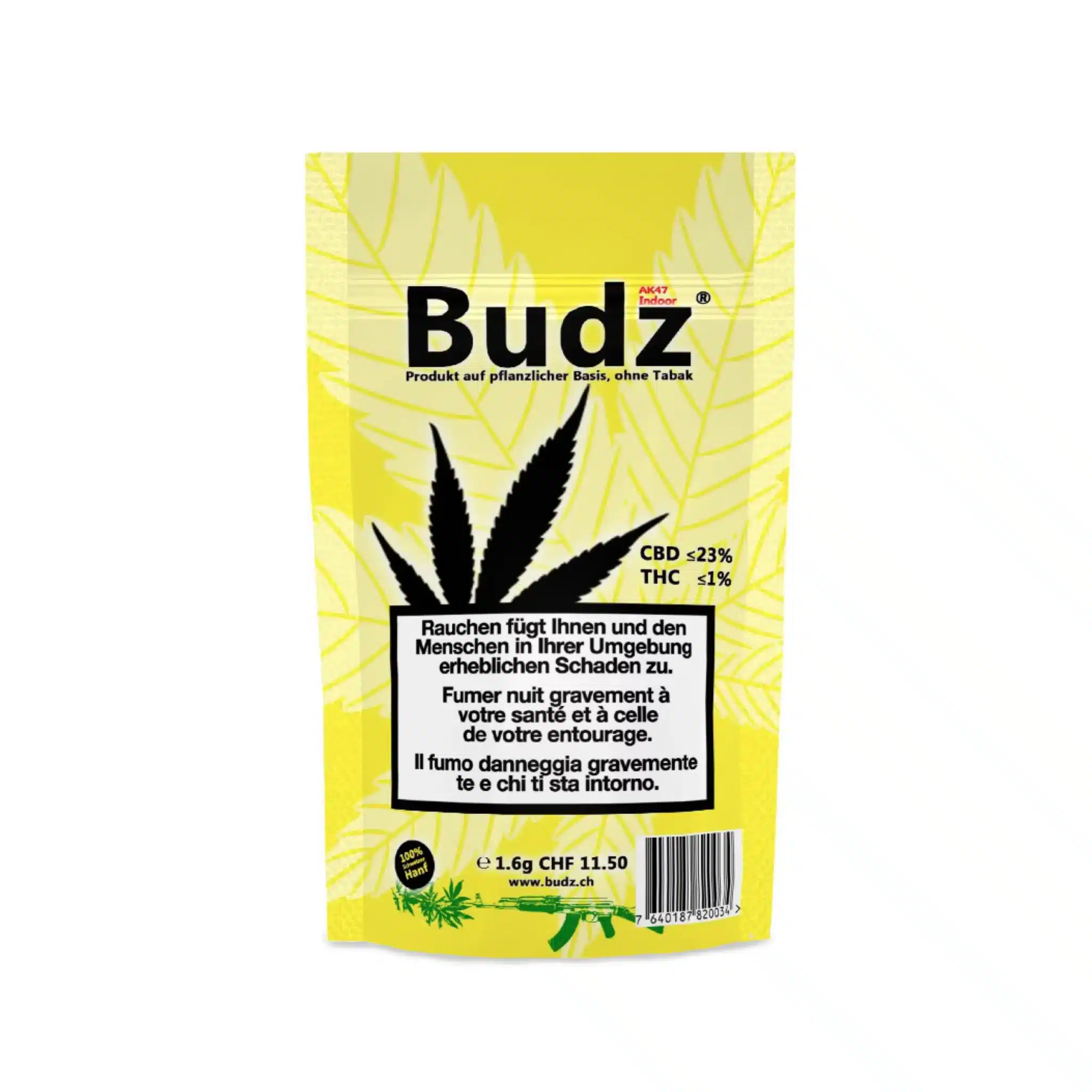Budz der Sorte 'AK47' Small Buds in einer gelben Verpackung mit einem schwarzem Hanfblatt drauf.