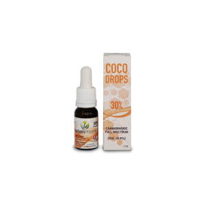 Abbildung einer orange-weißen Verpackung von UrbanPharm CBD Cocodrops 30%, neben einem braunen Fläschchen mit enthaltenem CBD-Öl.