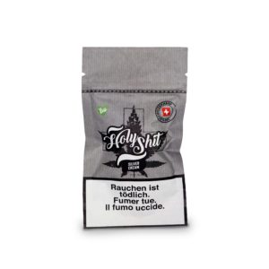 Graue Verpackung der CBD-Marke 'Holy Shit' mit der Sorte 'Silver Cream'