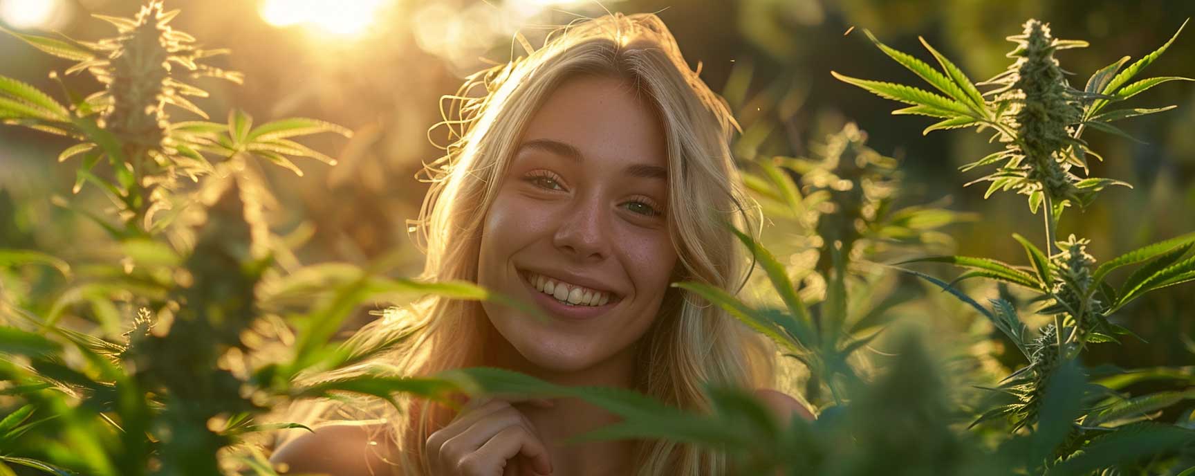 Cannabis Feld mit hübscher blonder Frau im Sonnenlicht