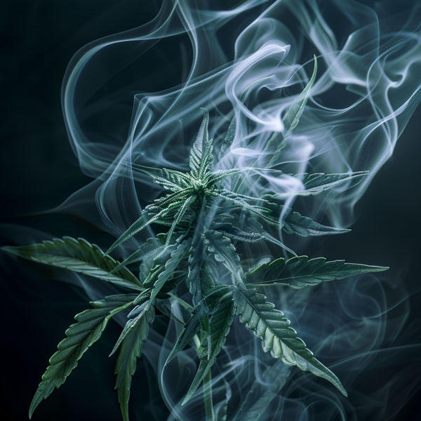 CBD Vaporizer mit Rauch und Cannabis Pflanze