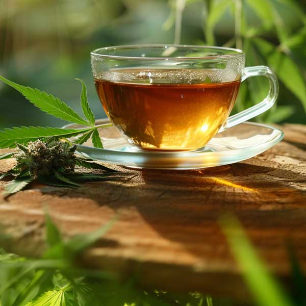 Cannabis Hanf Tee Tasse auf Holztisch