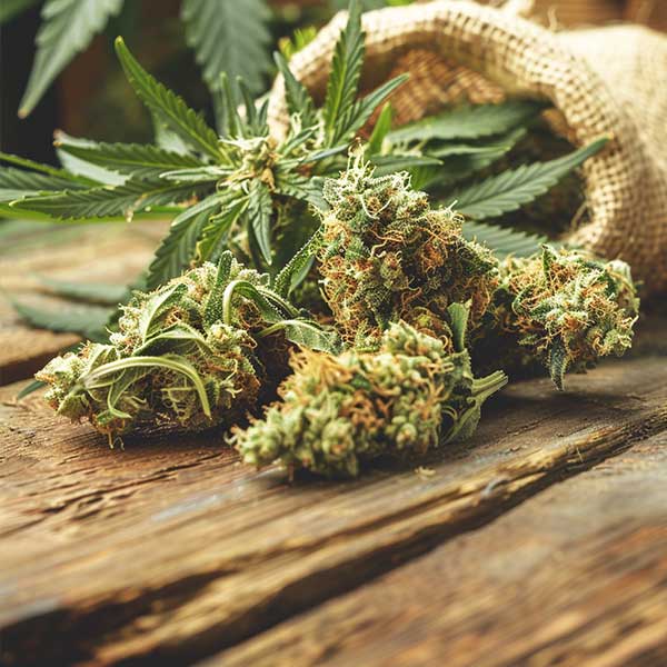 Cannabis Blüten CBD mit Jutesack im Hintergrund