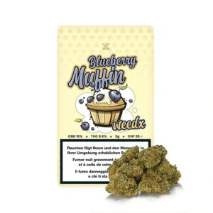 Verpackung von Weedx Blueberry Muffin CBD-Blüten mit einer cartoonartigen Darstellung eines Muffins mit Blaubeeren und Hanfblüten daneben.