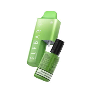 Grüner ELFBAR AF5000 Vape mit der Aufschrift "ELFBAR", daneben ein Nachfüllbehälter mit E-Liquid, der auf das Gerät aufgesteckt wird