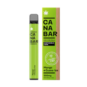 Grüner Einweg-Vape-Stift und Verpackung mit der Aufschrift "CANABAR Mango + Guava Ice" und Hinweisen auf CBD und CBG.