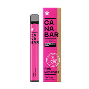 Ein pinkfarbener Einweg-Vape der Marke Canabar mit der Geschmacksrichtung Pink Lemonade, 500mg CBD+CBG-Gehalt, und der Aufschrift "CBD + CBG Blend" sowie "Disposable Vape" auf der Verpackung.