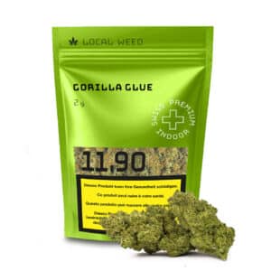 Localweed Gorilla Glue CBD Blüten in knallig grüner Verpackung davor eine frische CBD Blüte
