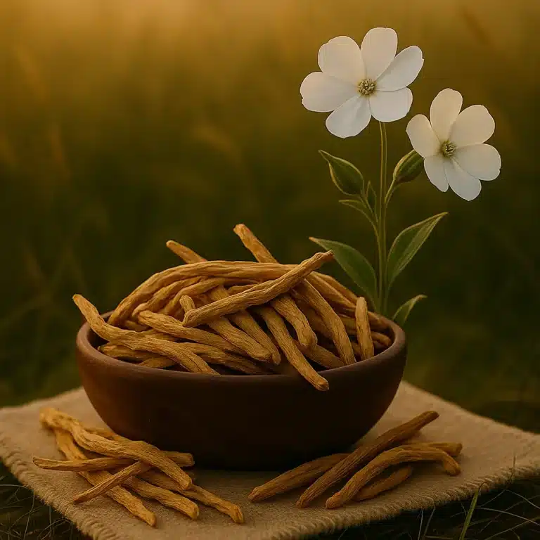 Eine Holzschale mit getrockneten Wurzelstücken der afrikanischen Traumwurzel steht auf einer Wiese im warmen Morgenlicht. Daneben liegen zarte weiße Blüten von Silene capensis – Symbol für die Verbindung von Pflanze und Ursprung.