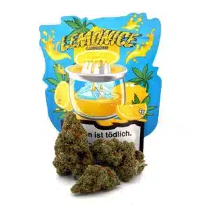 CBD-Blüten der Sorte Lemon Ice vor bunter 4g-Verpackung mit Zitronen-Design und Cannabees-Logo – aromatische Hanfblüten mit zitronig-frischem Auftritt.