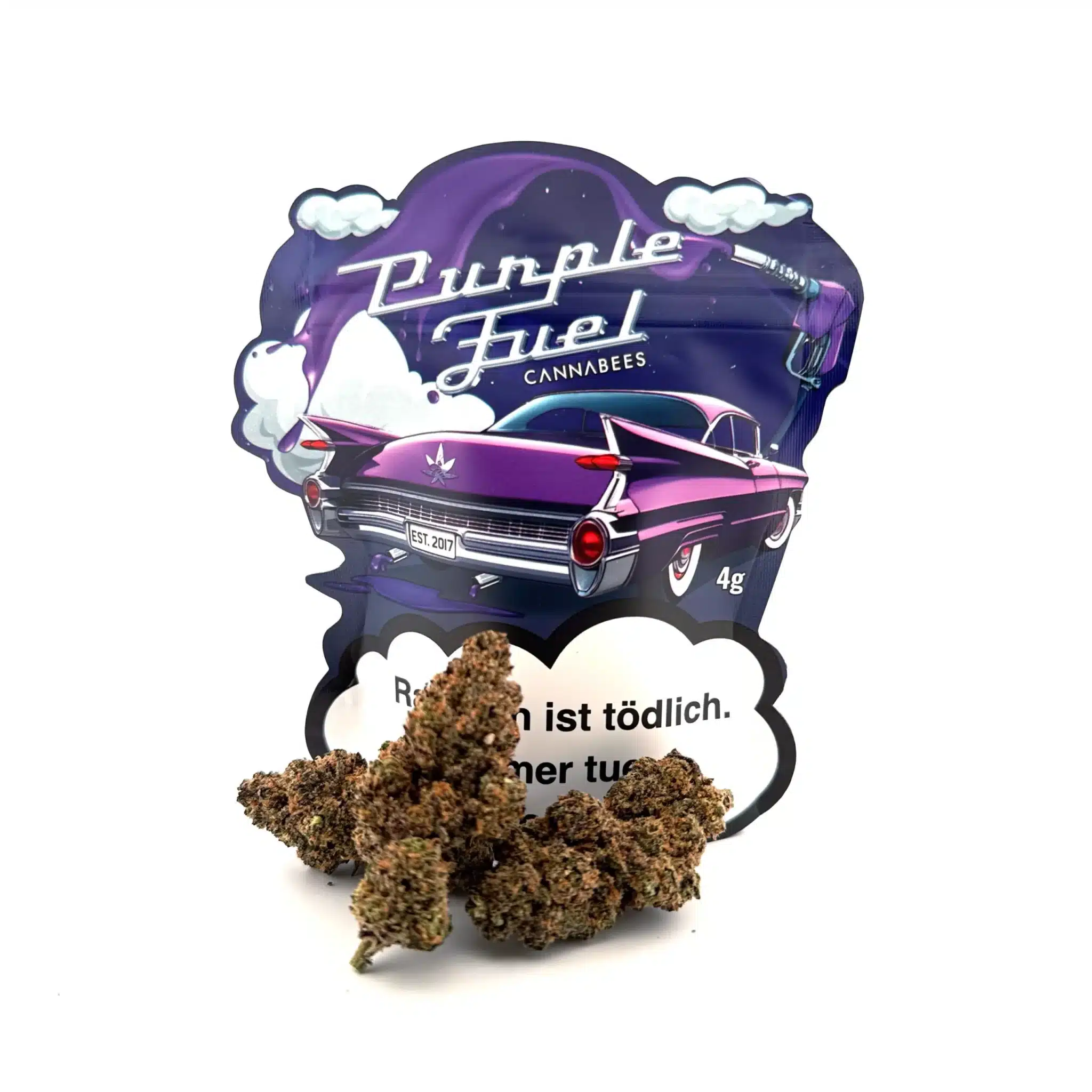 CBD-Blüten der Sorte Purple Fuel vor auffälliger 4g-Verpackung mit lila Oldtimer-Illustration und Cannabees-Logo – intensives Design mit Retro-Vibes.