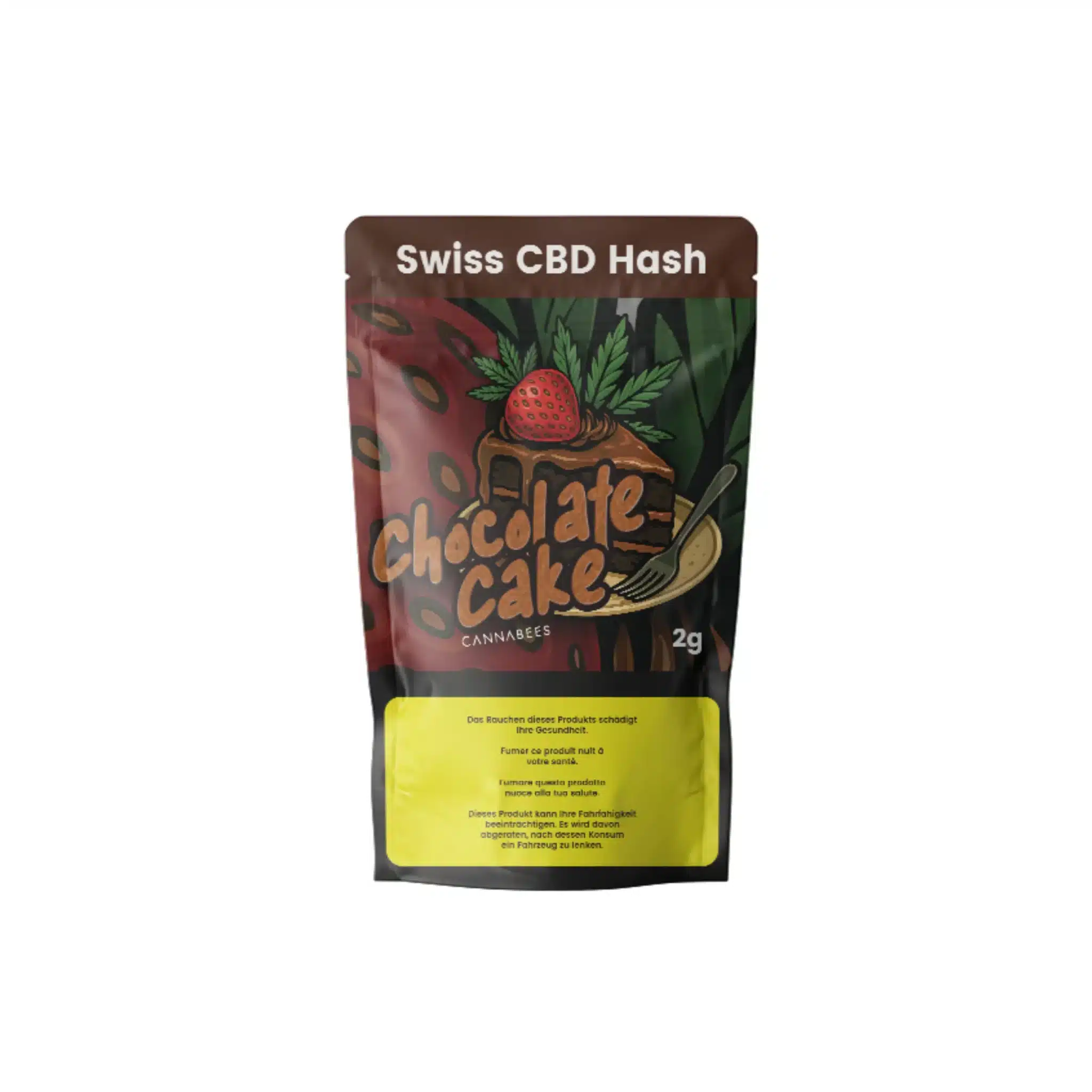 2g-Packung Cannabees Swiss CBD Hash in der Sorte Chocolate Cake mit verspieltem Design aus Schokoladenkuchen, Erdbeere und Hanfblatt.