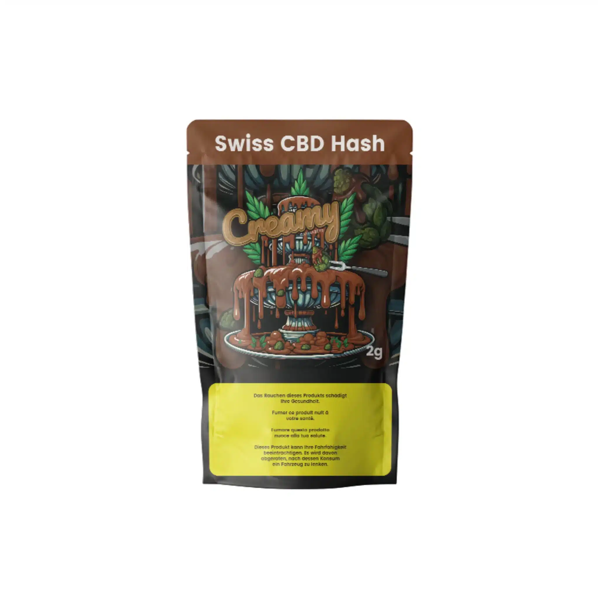 2g-Packung Cannabees Swiss CBD Hash in der Sorte Creamy mit illustrativem Design aus schokoladiger Torte, Hanfblättern und Nüssen – verspielter Genuss-Look.