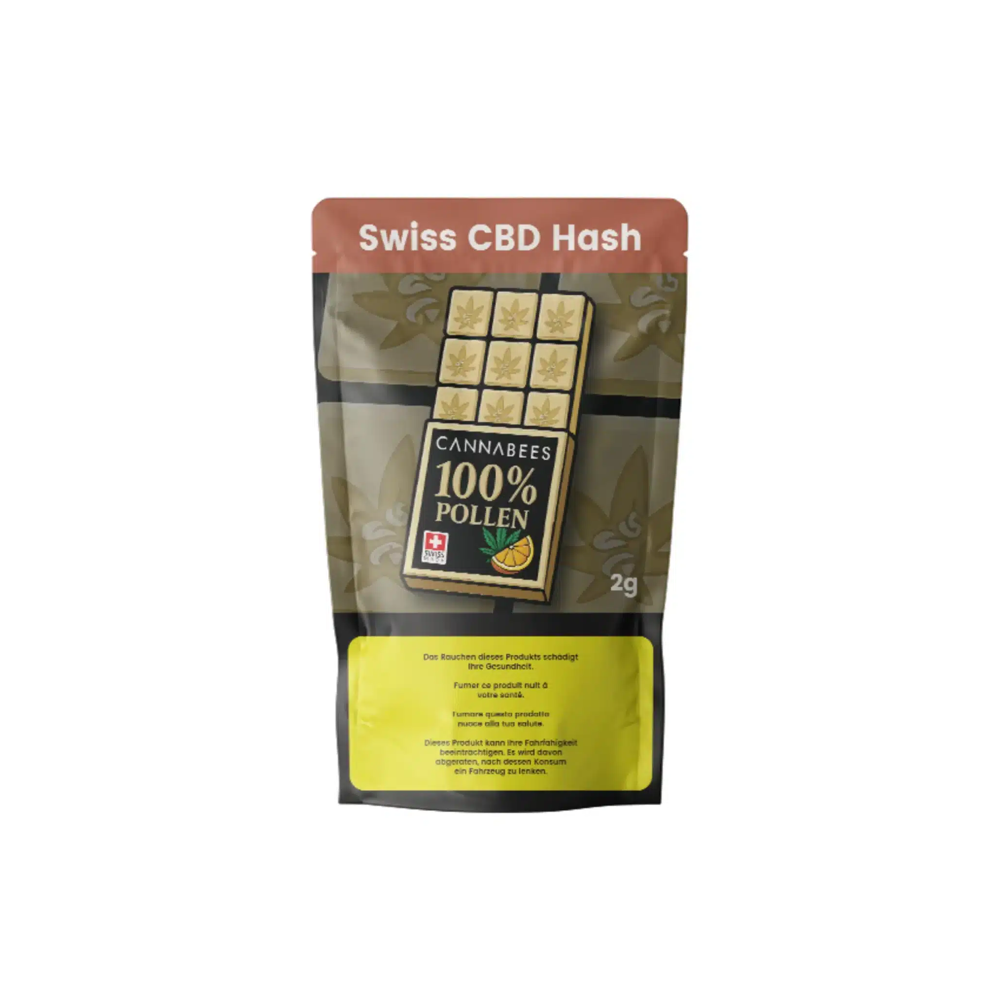2g-Packung Cannabees Swiss CBD Hash mit 100 % Pollen – Verpackung im Schokoladentafel-Stil mit Hanfblatt-Symbolen und Mango-Grafik.