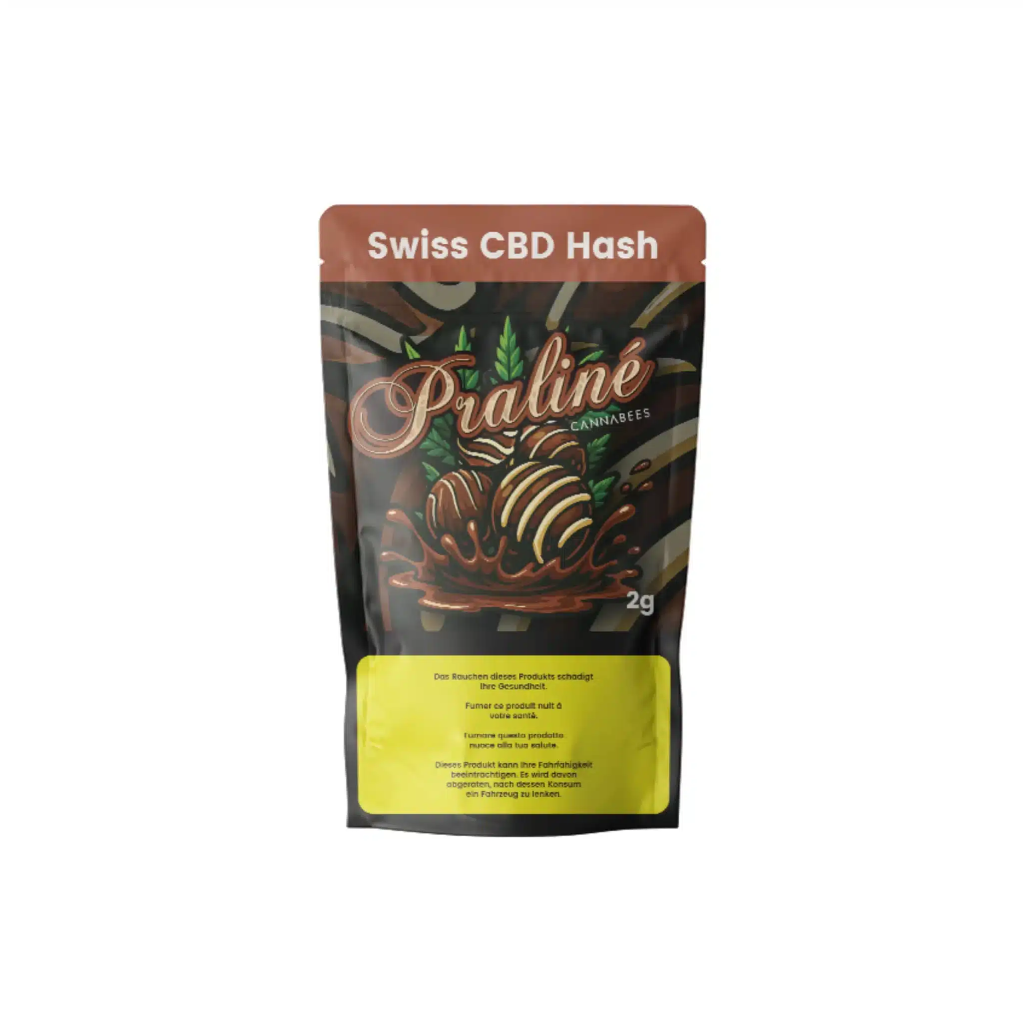 2g-Packung Cannabees Swiss CBD Hash der Sorte Praliné mit cremigem Pralinen-Motiv, Hanfblättern und schokoladigem Design – verführerisch süßer Look für aromatischen CBD-Hasch