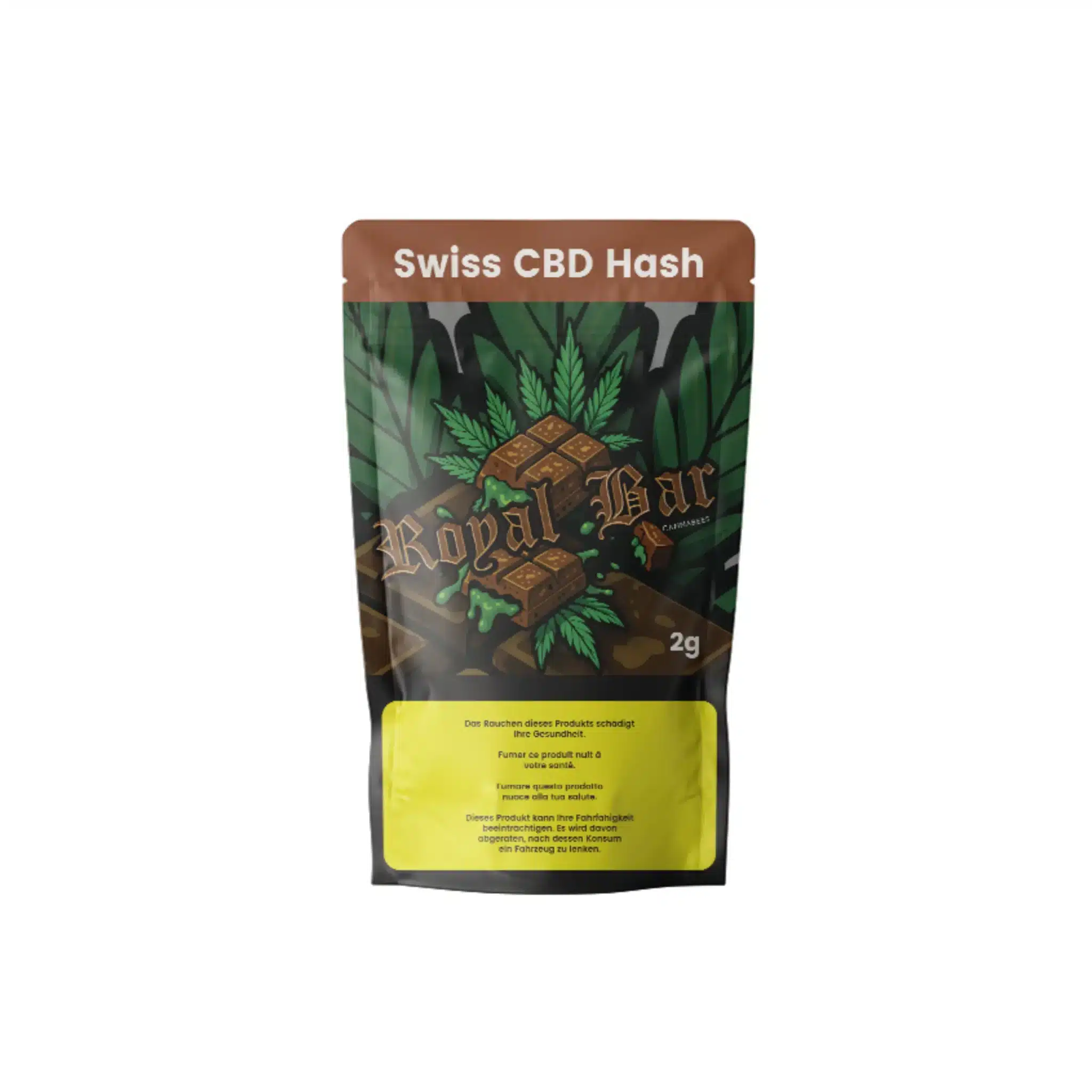 2g-Packung Cannabees Swiss CBD Hash der Sorte Royal Bar mit stilisiertem Schokoriegel und Hanfblatt auf tropischem Hintergrund – hochwertiges Design für aromatischen CBD-Genuss