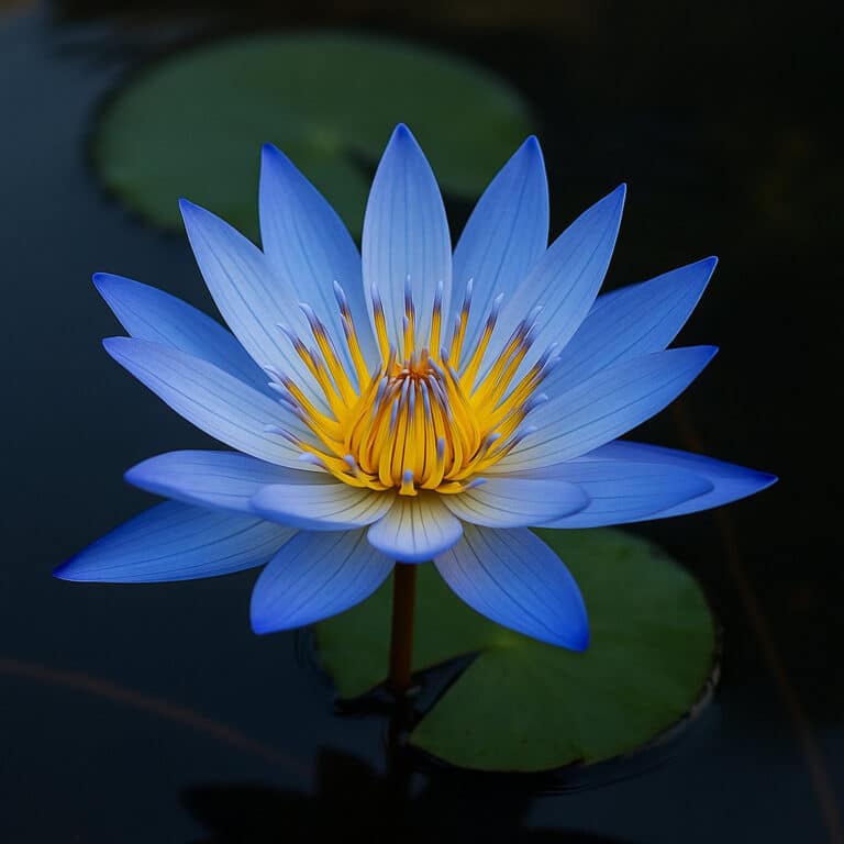 Detailaufnahme einer leuchtend blauen Lotusblüte (Nymphaea caerulea) auf dunklem Wasser mit Seerosenblatt – Symbol für Ruhe, Spiritualität und natürliche Schönheit.