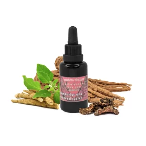 Fläschchen mit Women’s Tincture vor Ashwagandha-Wurzel, Rosenwurz und Engelwurz – pflanzliche Kräutermischung für das weibliche Wohlbefinden