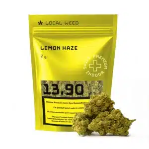 Packshot der Lemon Haze CBD-Blüten (2 g) von Local Weed in einer gelben Verpackung mit sichtbaren, hochwertigen Blüten im Vordergrund – Swiss Premium Indoor CBD in bester Qualität.