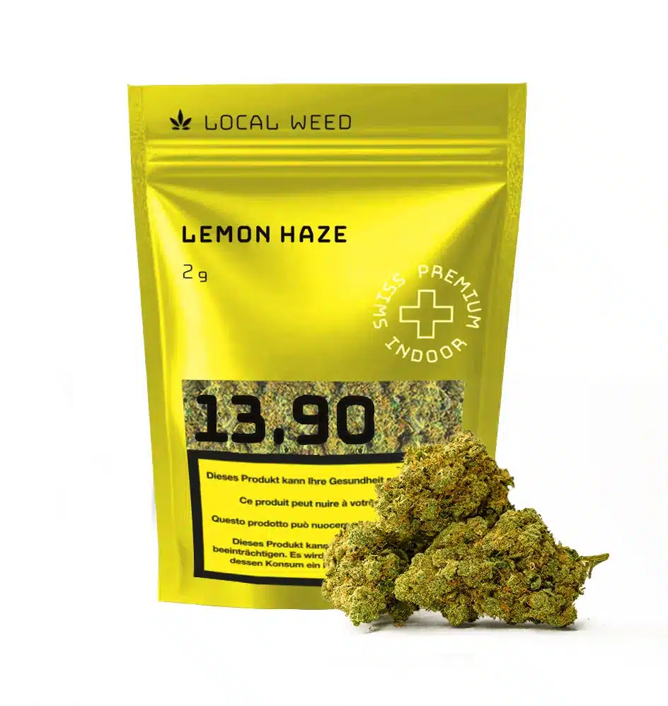 Packshot der Lemon Haze CBD-Blüten (2 g) von Local Weed in einer gelben Verpackung mit sichtbaren, hochwertigen Blüten im Vordergrund – Swiss Premium Indoor CBD in bester Qualität.