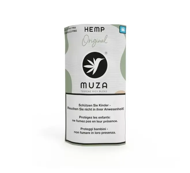 MUZA Hemp Original – natürlicher, tabak- und nikotinfreier Tabakersatz auf Hanfbasis in moderner weiß-grüner Verpackung, 20 g Kräutermischung mit Terpenen für ein sanftes, aromatisches Raucherlebnis.