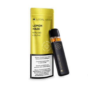 CBD Vape Pen mit Verpackung in der Sorte Lemon Haze vor hellem Hintergrund