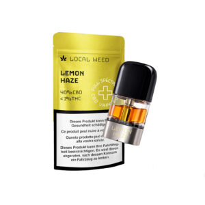 CBD Vape Pod mit Verpackung in der Sorte Lemon Haze vor hellem Hintergrund