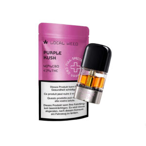 CBD Vape Pod mit Verpackung in der Sorte Purple Kush vor hellem Hintergrund
