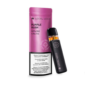 CBD Vape Pen mit Verpackung in der Sorte Purple Kush vor hellem Hintergrund