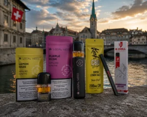 Auswahl verschiedener CBD-Vapes und Vape-Pods vor der Zürcher Altstadt mit Schweizer Flagge im Hintergrund.