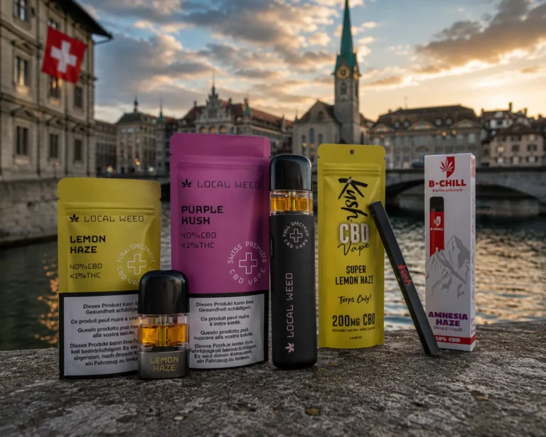 Auswahl verschiedener CBD-Vapes und Vape-Pods vor der Zürcher Altstadt mit Schweizer Flagge im Hintergrund.