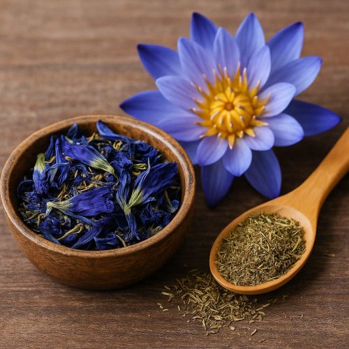 Getrocknete Blüten des Blauen Lotus in einer Holzschale, daneben ein Löffel mit gemahlenem Pflanzenmaterial und eine frische, violett-blaue Lotusblüte – dekorativ arrangiert auf einer Holzoberfläche.