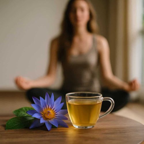 Eine Tasse Blauer-Lotus-Tee steht auf einem Holztisch neben einer frischen Blüte, im Hintergrund meditiert eine Frau im Lotussitz – Symbol für Ruhe, Achtsamkeit und spirituelle Tiefe.