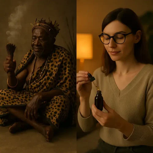 Zweigeteiltes Bild: Links ein traditionell gekleideter älterer Mann mit Räucherbündel in spiritueller Zeremonie, rechts eine moderne Frau mit Tropfflasche in entspannter Abendstimmung – Symbol für die Verbindung von traditionellem Pflanzenwissen und moderner Selbstfürsorge.