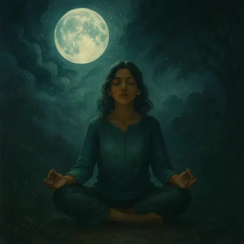 Eine Frau sitzt im Schneidersitz meditierend unter einem hell leuchtenden Vollmond, umgeben von nächtlicher Natur – ein stimmungsvolles Sinnbild für innere Ruhe, Klarheit und bewusste Traumwahrnehmung.