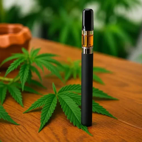 Schwarzer CBD-Vape-Pen mit bernsteinfarbener Cartridge auf einem Holztisch, umgeben von grünen Hanfblättern und unscharfer Pflanzenkulisse.