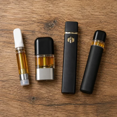 Vier verschiedene CBD-Vape-Produkte – Cartridge, Pod und Einweg-Vapes mit bernsteinfarbener Flüssigkeit – auf einer Holzoberfläche.