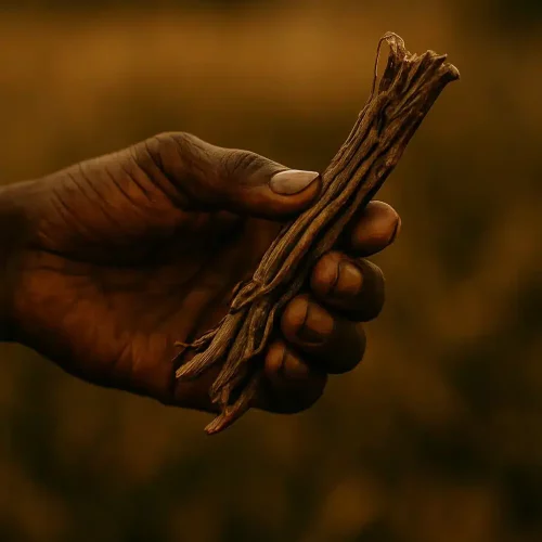 Nahaufnahme einer Hand, die getrocknete Wurzelstücke der Afrikanischen Traumwurzel vor natürlichem Hintergrund hält – symbolische Darstellung traditioneller Pflanzenkunde.“