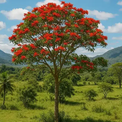 Mulungu-Baum mit dichter, orange-roter Blütenkrone in einer grünen Landschaft vor Bergen und blauem Himmel – eindrucksvolle Darstellung der südamerikanischen Heilpflanze in ihrer natürlichen Umgebung.