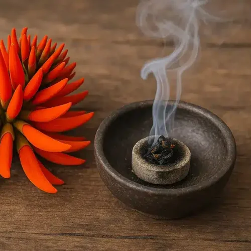 Räucherschale mit glimmender Mulungu-Rinde, aus der sanfter Rauch aufsteigt, daneben eine frische rote Mulungu-Blüte – symbolische Darstellung traditioneller Räucher- und Pflanzenrituale.